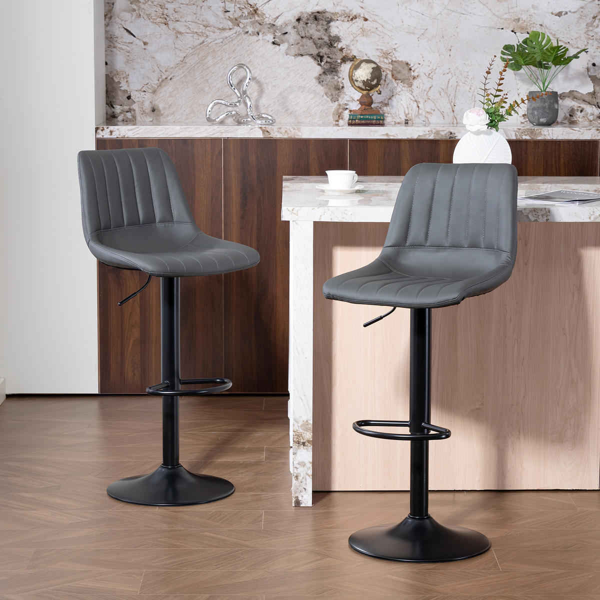 BARHOCKER 2er-Set 91-111 cm Höhenverstellbarer mit Fußring - Dunkelgrau/Schwarz, Kunststoff/Textil (49.5/111/43cm) - HOMCOM