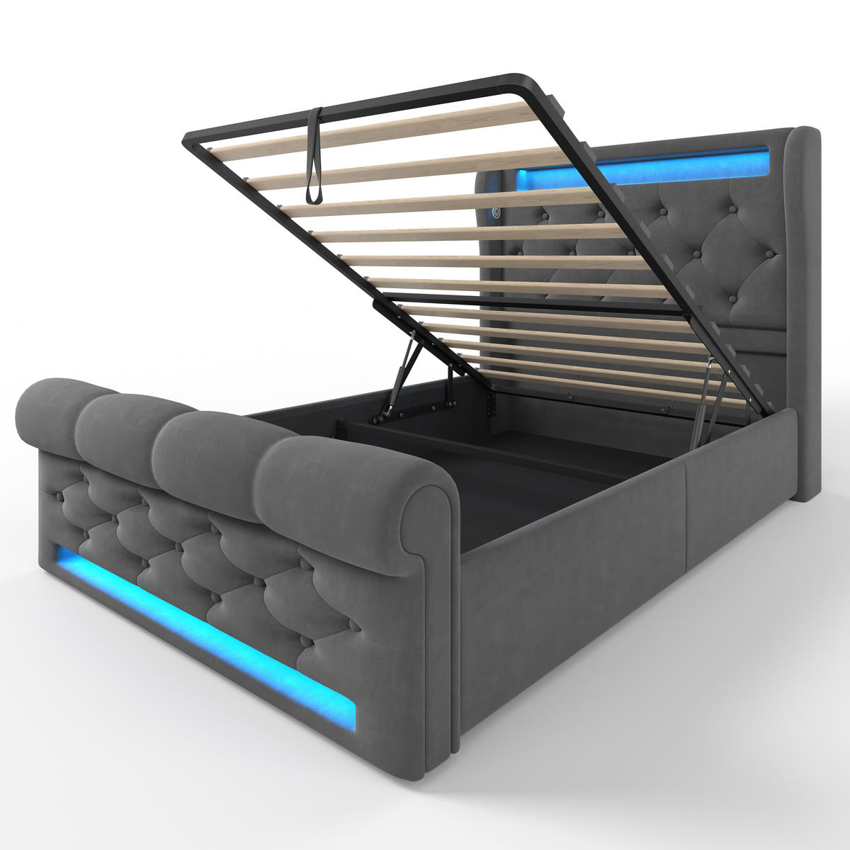 POLSTERBETT 90x200cm Einzelbett LED USB-C & Hydraulik Grau Samt - Grau, Holz (90/200cm) - FLIEKS