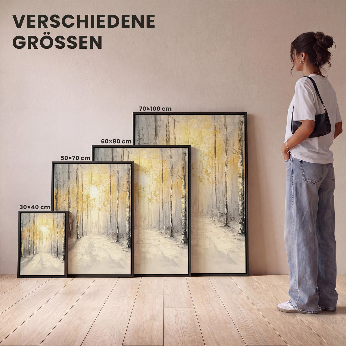 LEINWAND Bilder mit Rahmen - Winter - Abstrakt - Schnee - Natur - Sonne - 70x100 - Grau, Textil (70/100cm) - MuchoWow