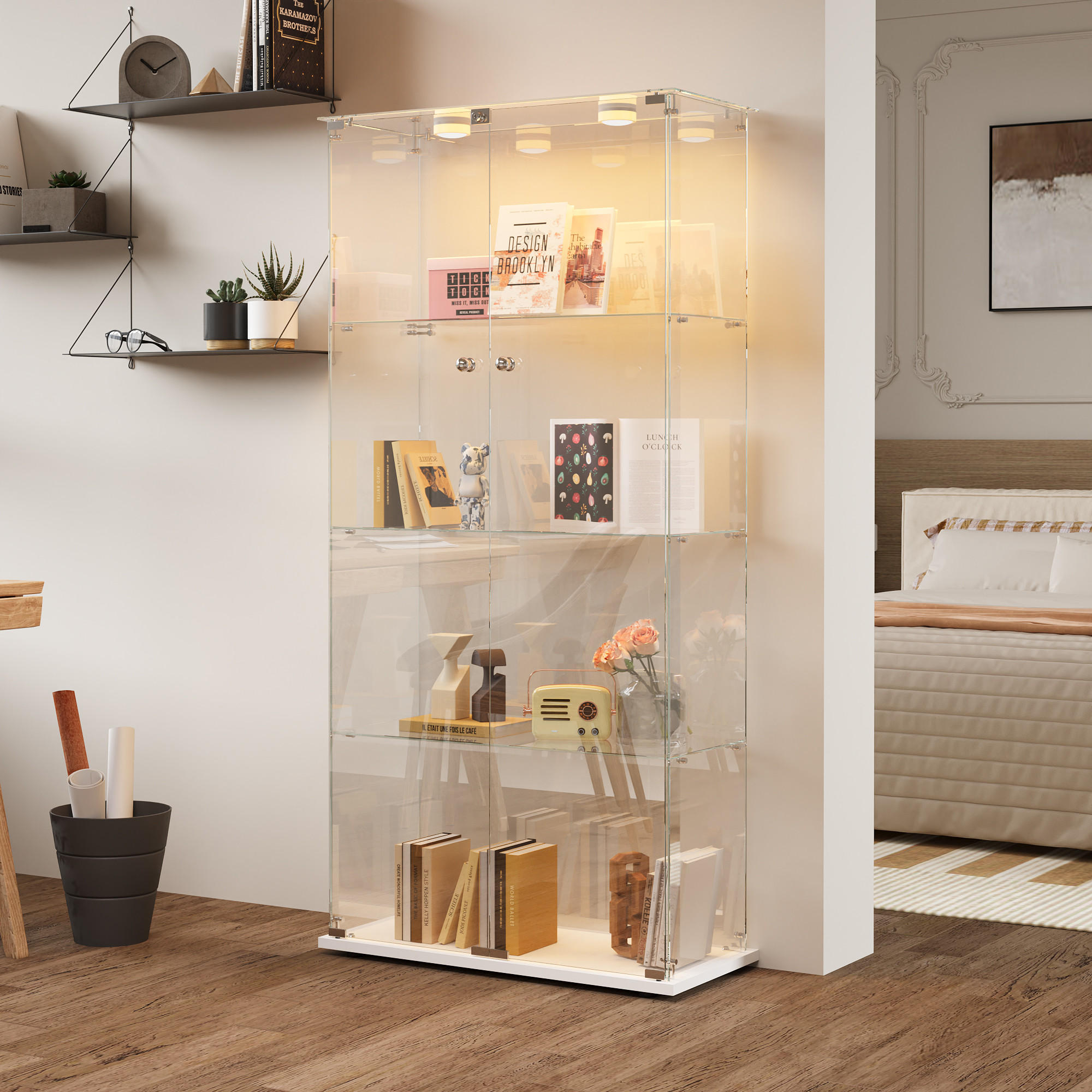 GLASVITRINE LED mit 2 Türen, 4 Regalen, Schloss, Weiß für Wohnzimmer - Weiß, Holz (35/163/78.5cm)