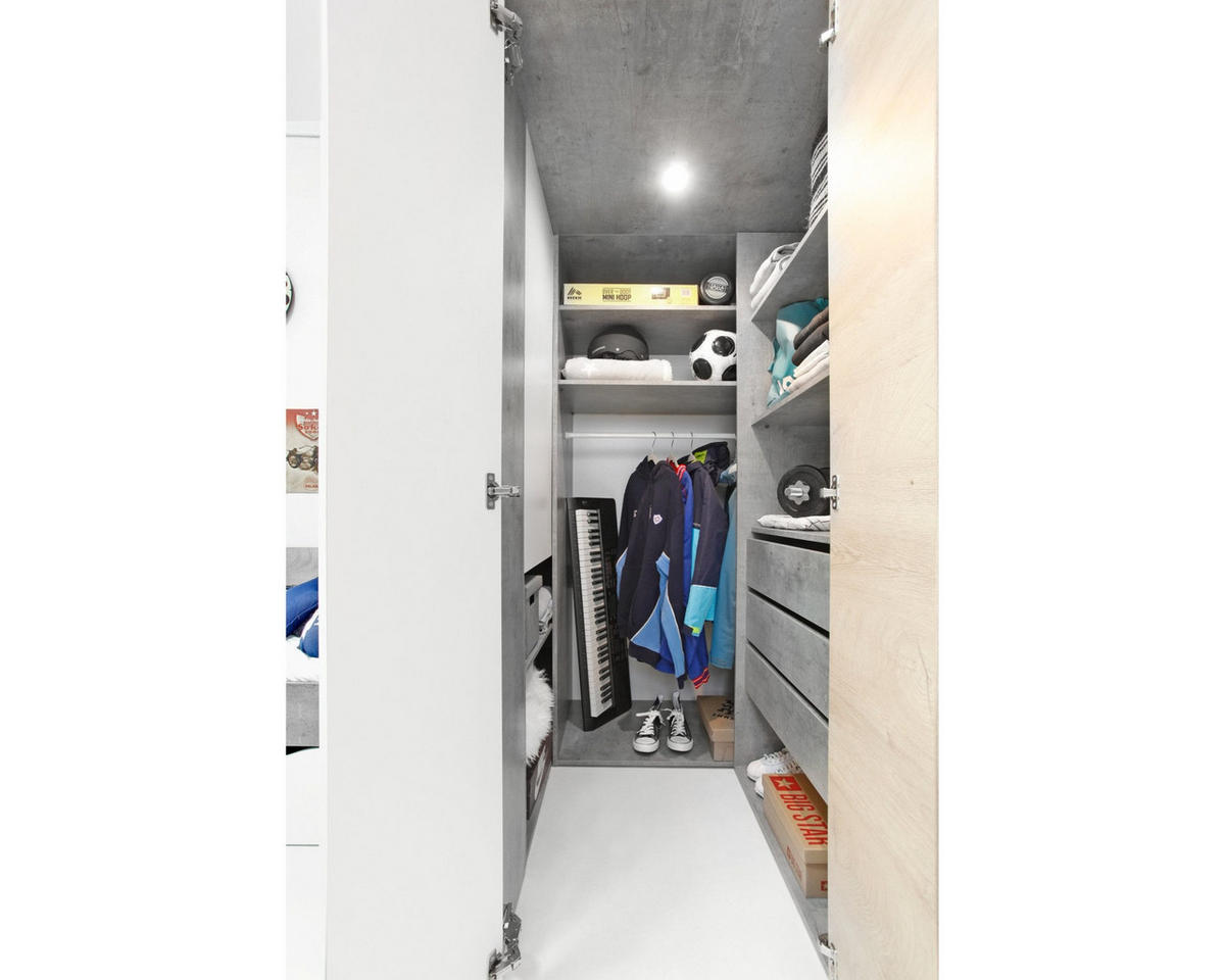 ECKSCHRANK SIMON 01 135/135/190 Grau/Weiß/Sonoma Eiche mit LED - Beleuchtung - Weiß/Grau, Holzwerkstoff (135/190/135cm) - Deine Möbel 24