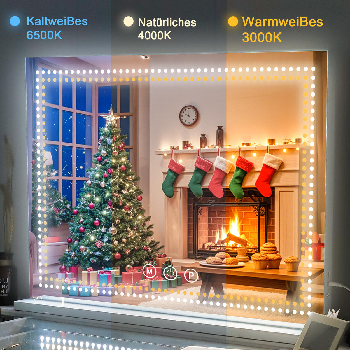 SCHMINKSPIEGEL mit Lichtstreifen LEDs Beleuchtung Glühbirne weiß 80/58 cm - Weiß, Metall (80/58/3cm) - VANITII