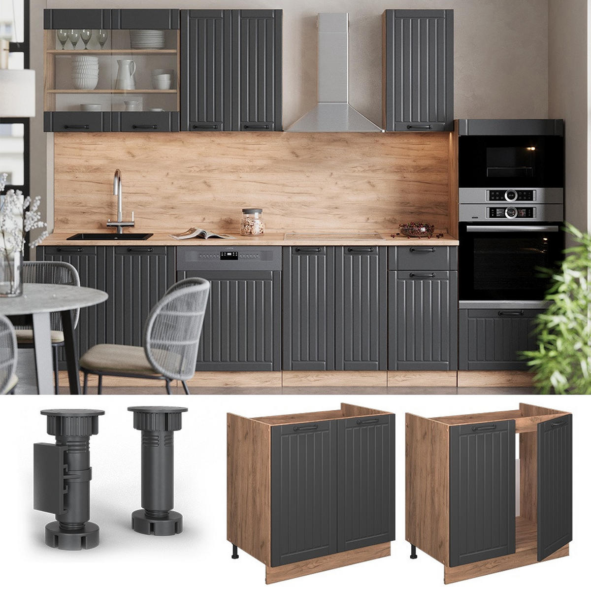 SPODNJA OMARICA ZA POMIVALNO KORITO Fame-Line Temno siva 80 cm , DP Antracit - temno siva/medeni hrast, leseni material (80/82/60cm) - Vicco
