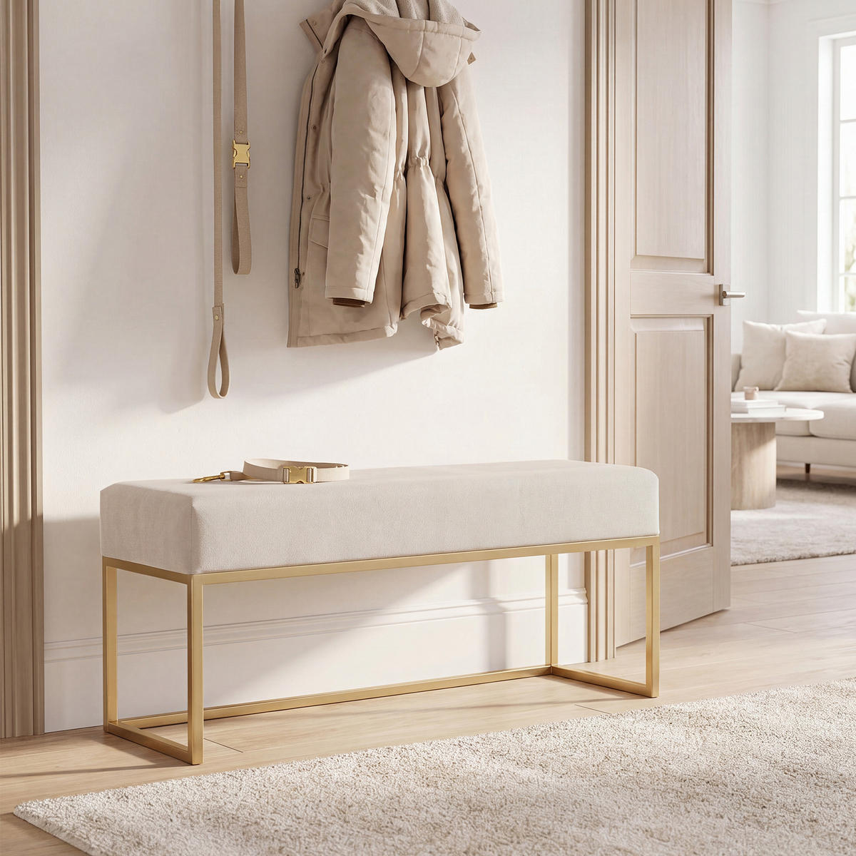 POLSTERBANK PURE 90 cm Metallgestell, Gold / Beige - Beige/Goldfarben, Textil/Metall (90/44/30cm) - Idohome