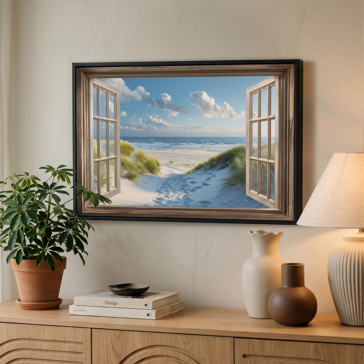 LEINWAND Bilder mit Rahmen - Aussicht - Strand - Fenster - Dünen - Meer - 60x40 - Hellblau, Textil (60/40cm) - MuchoWow