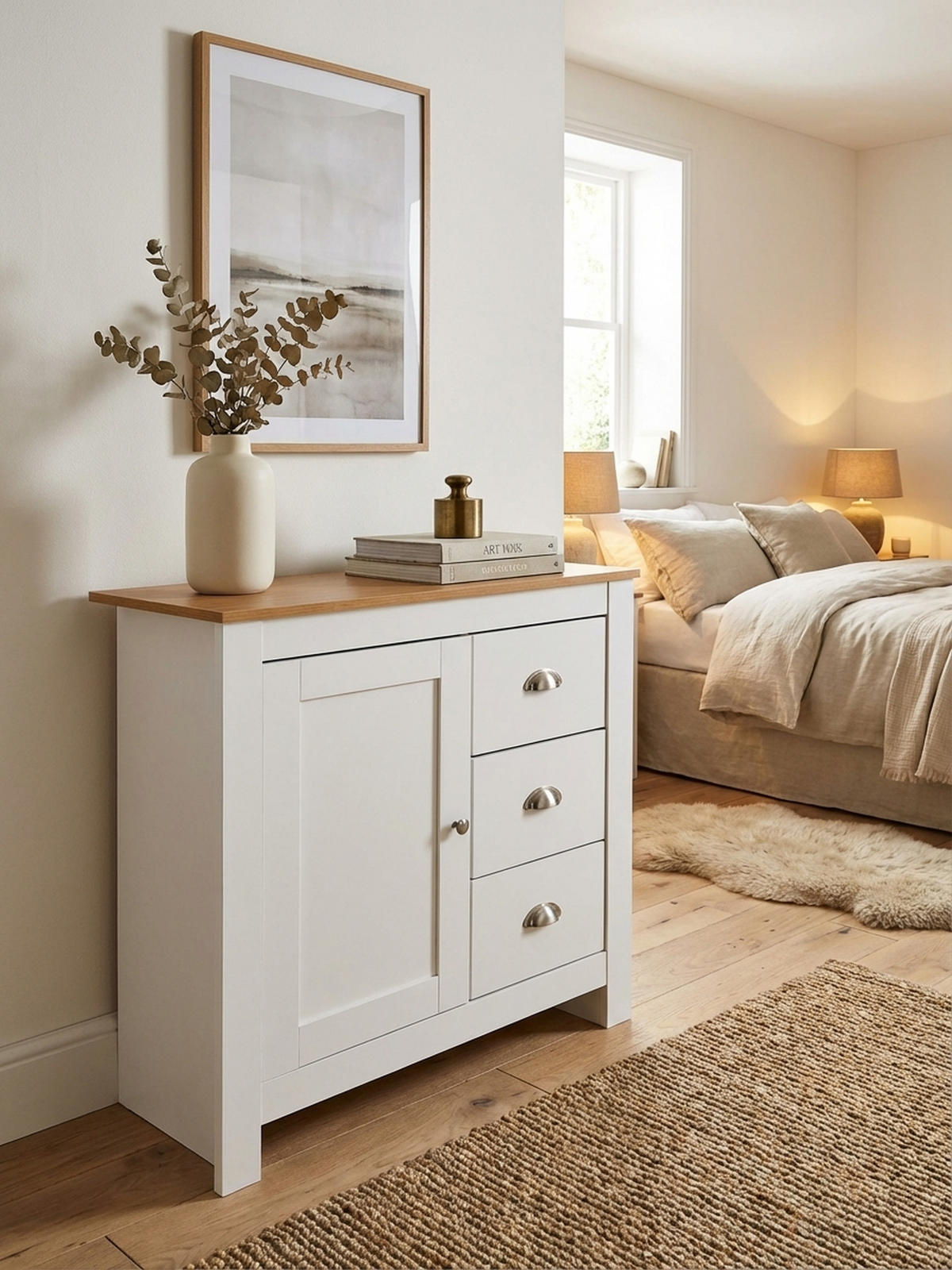 KOMMODE – Eiche-Finish, 3 Schubladen, 2 Türfächer - Weiß, Holz/Metall (79/81/35cm) - KADIMA DESIGN