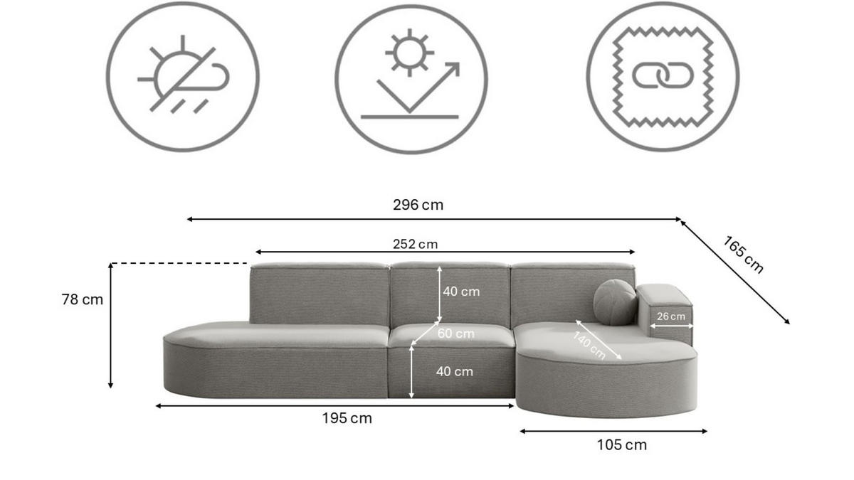 GARTENECKSOFA L-Form Garten Modena L Patio Hellgrau Rechts - Hellgrau, Holz/Textil (296/78/165cm) - Kaiser Möbel