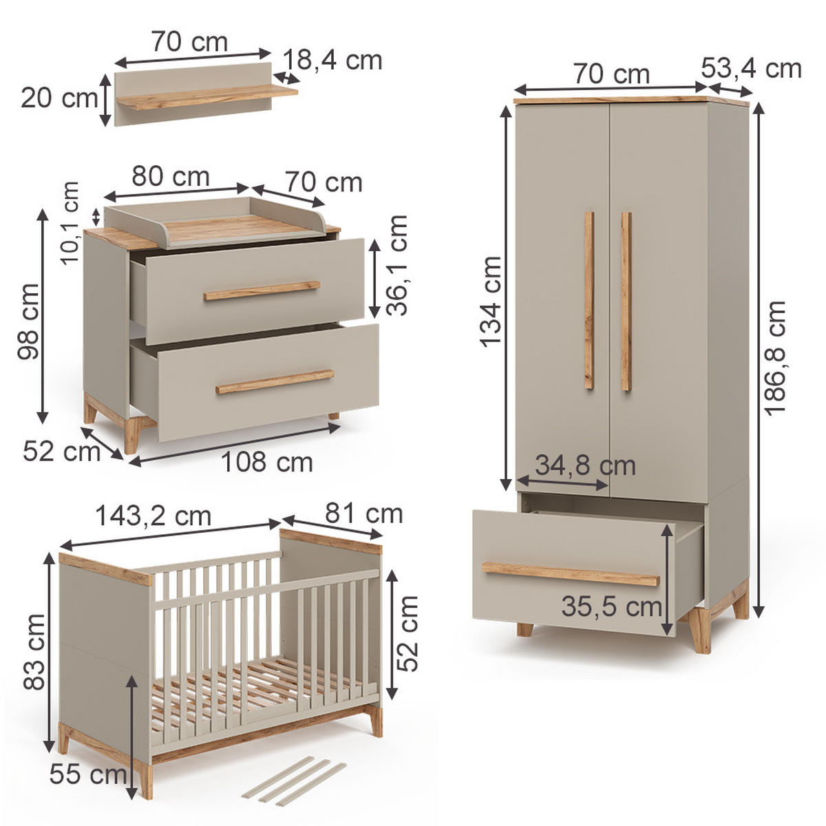 KINDERZIMMER-SET Malia Cashmere/Eiche 5 Teile - Kaschmir/Eichefarben, Holzwerkstoff (108/98/70cm) - VitaliSpa