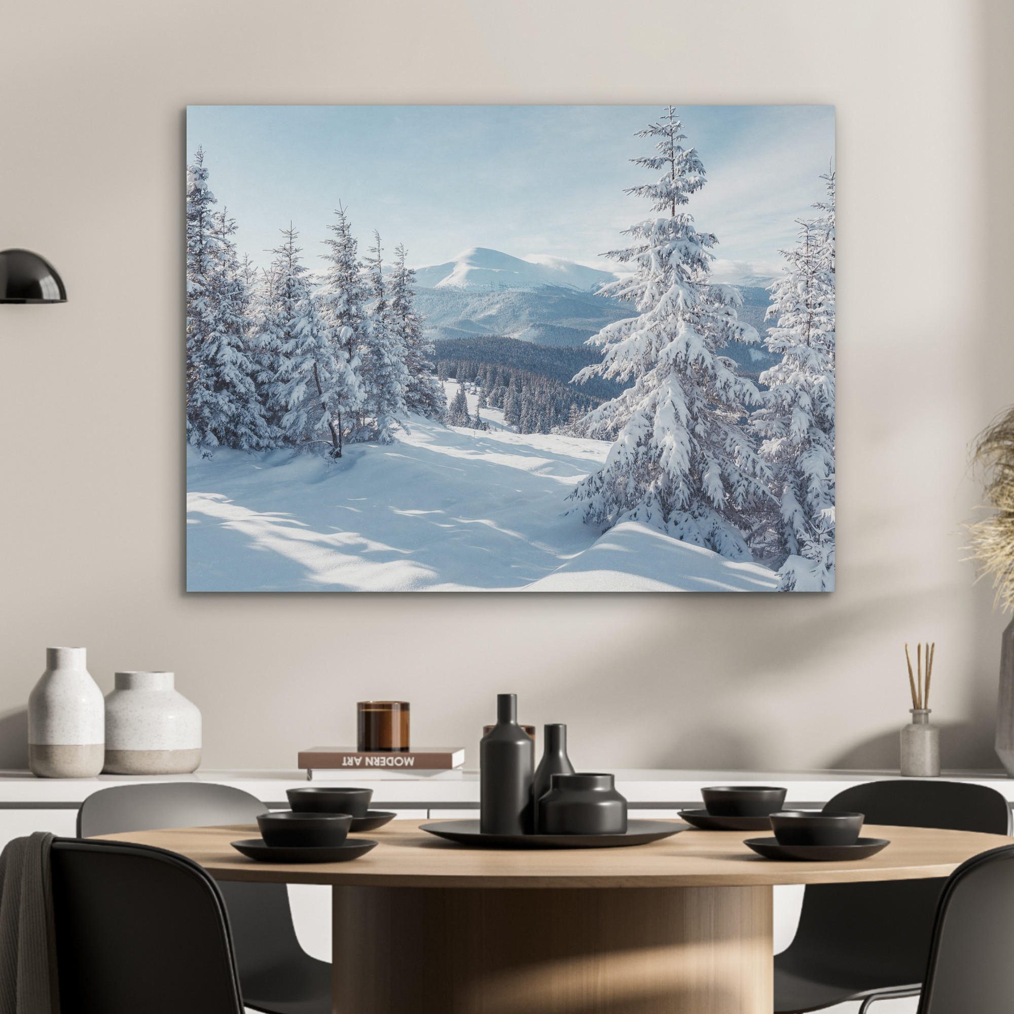 AKUSTIKPANEEL Winterlandschaft - Natur - Berge - Bäume - Schnee 80x60 cm - Hellblau, Textil (80/0.9/60cm) - MuchoWow