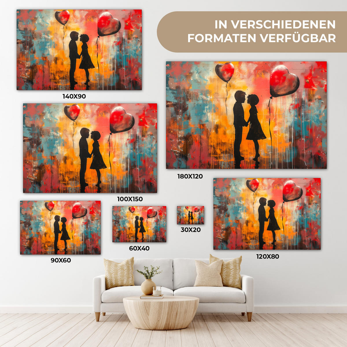 LEINWANDBILD Straßenkunst - Liebe - Graffiti - Kunst - Banksy Gemälde 60x40 cm - Orange, Textil (60/40cm) - MuchoWow
