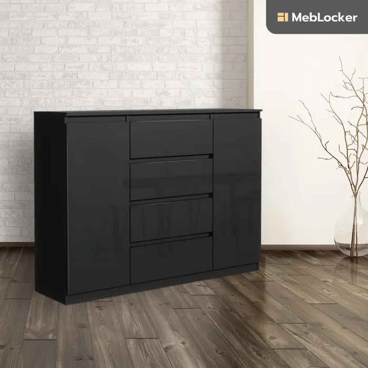 KOMMODE mit 4 Schubladen 2 Schranktüren 120 cm Schwarz mit HochglanzFronte - Schwarz Hochglanz, Holzwerkstoff (120.4/101.5/39cm) - MebLocker