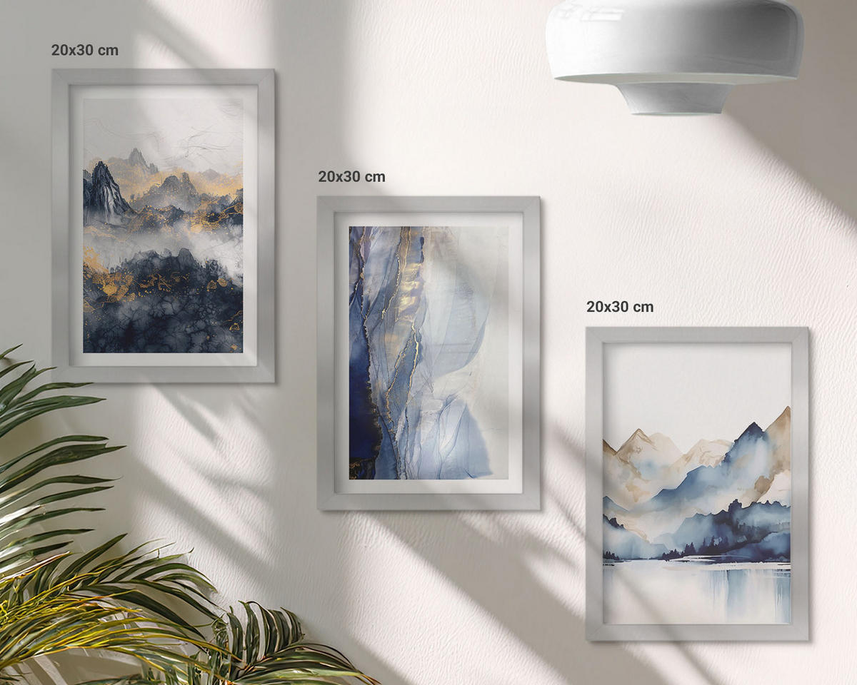 BILDER SET 3er Set - 20x30 cm Silberner Rahmen - Blaue und graue Berglandschaften - Silberfarben, Kunststoff (20/30cm) - TULUP
