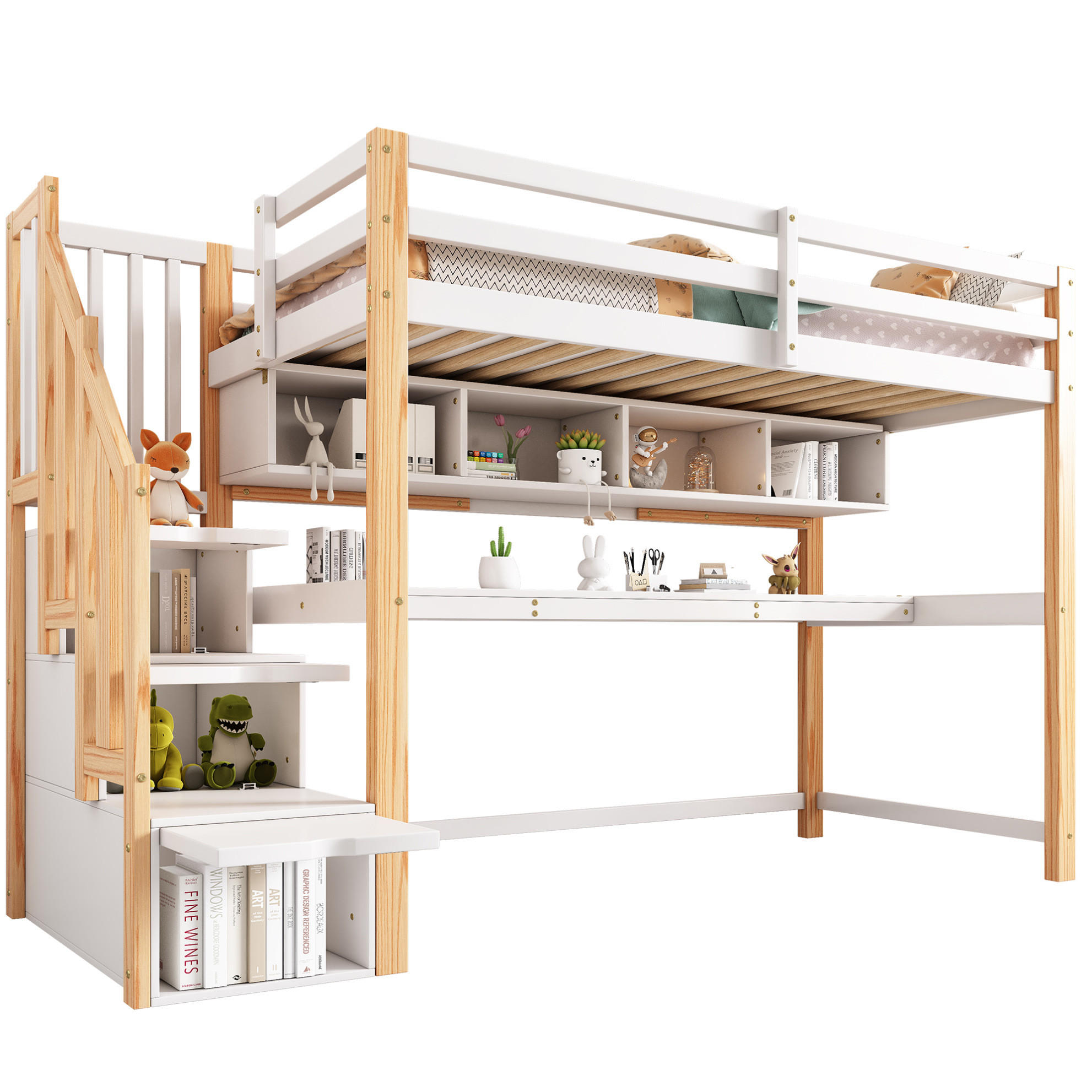 HOCHBETT 90/200 cm aus Massivholz mit Schreibtisch und Stauraumtreppe Weiß/Eichefarben - Weiß, Holz (90/200cm) - Modenvie