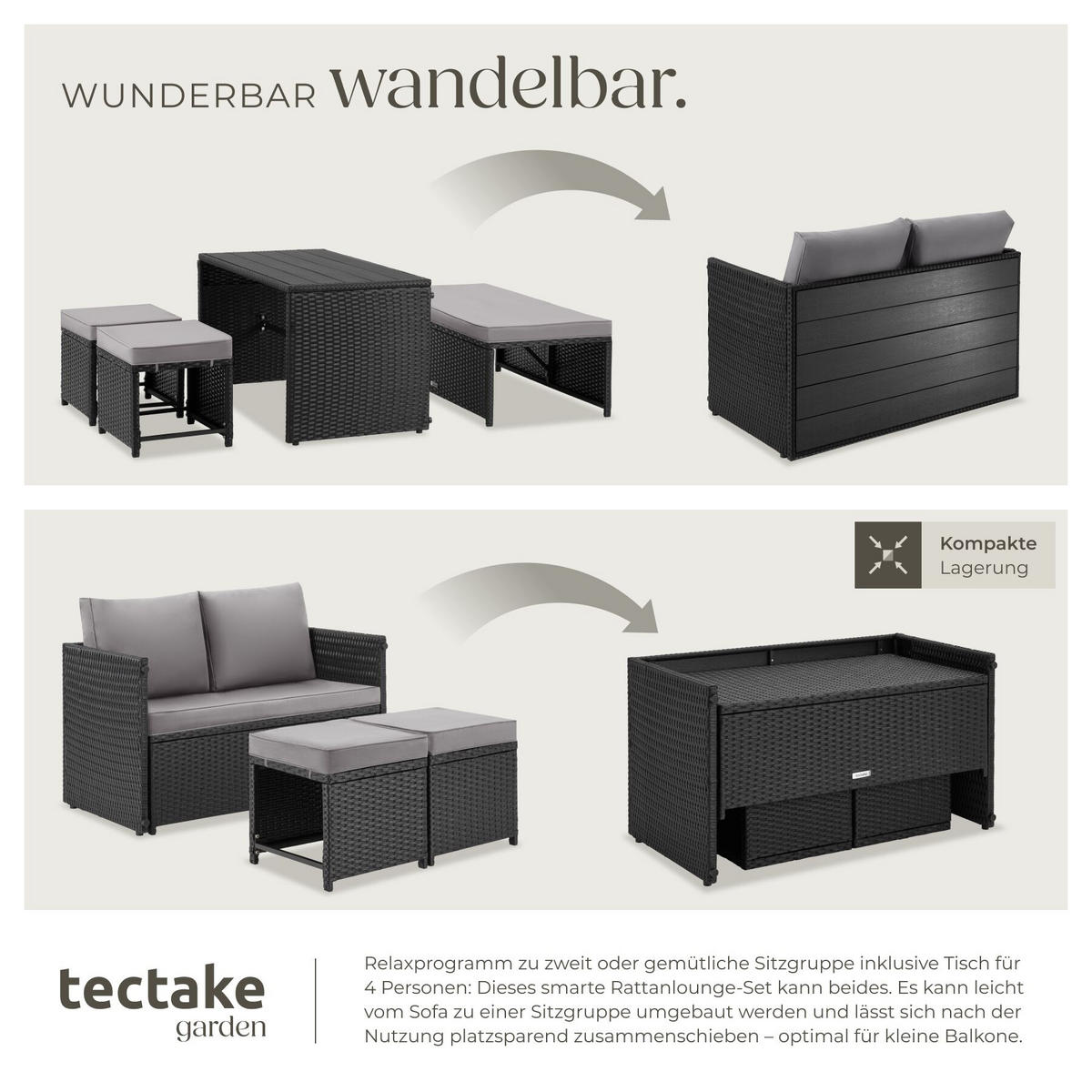 2-IN-1-RATTANLOUNGE-SET Monopoli, höhenverstellbare Tischfüße, schwarz - Schwarz, Kunststoff - tectake