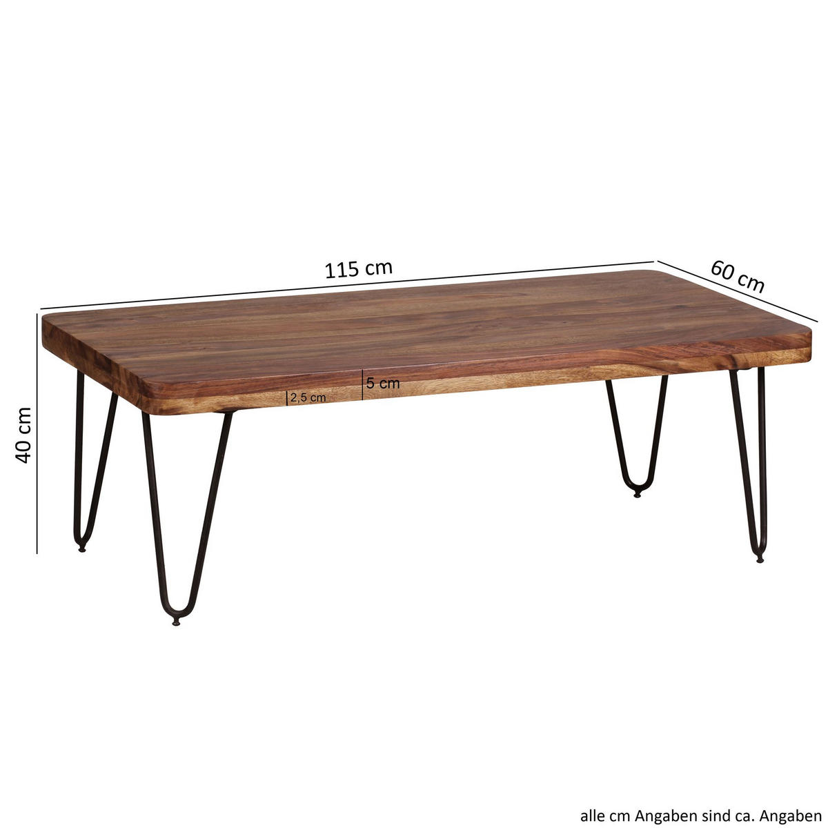 COUCHTISCH aus Massivholz mit Metallbeinen, handgefertigt, einzigartige Maserung, Braun 115x60x40 cm - Schwarz/Braun, Holz/Metall (60/115/40cm) - KADIMA DESIGN