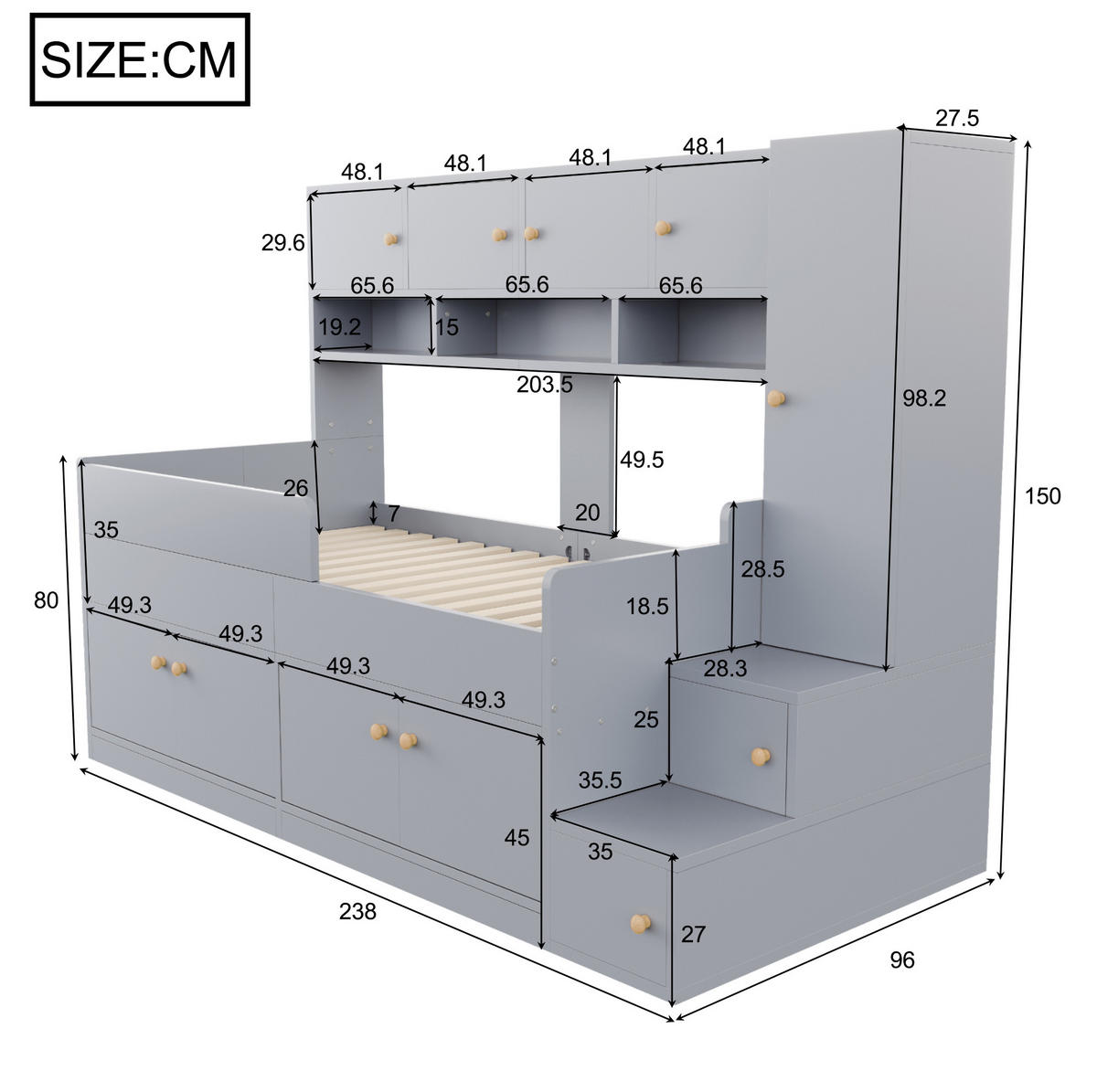 KINDERHOCHBETT 90x200 cm in Grau mit Stauraum, Kleiderschrank und LED-Beleuchtung - Grau, Holz (90/200cm) - IVMEU