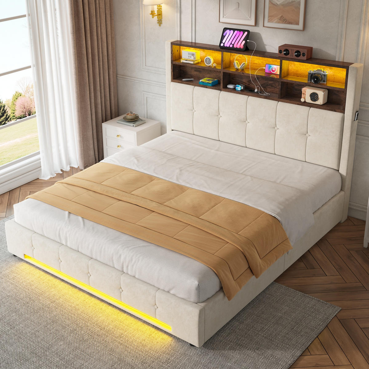 POLSTERBETT 160/200 cm in Beige mit 6 Fächern, Seitentaschen, USB-C, LED und Bettkasten aus Samt - Beige, Holzwerkstoff/Textil - STILVORA