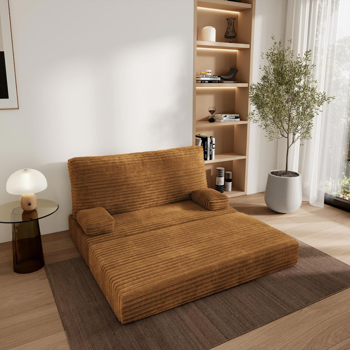 POHOVKA z pěny LADIA s funkcí spaní Manšestrová látka Měděná - pomerančová/měděná, textil (140/86/60cm) - MASSENO