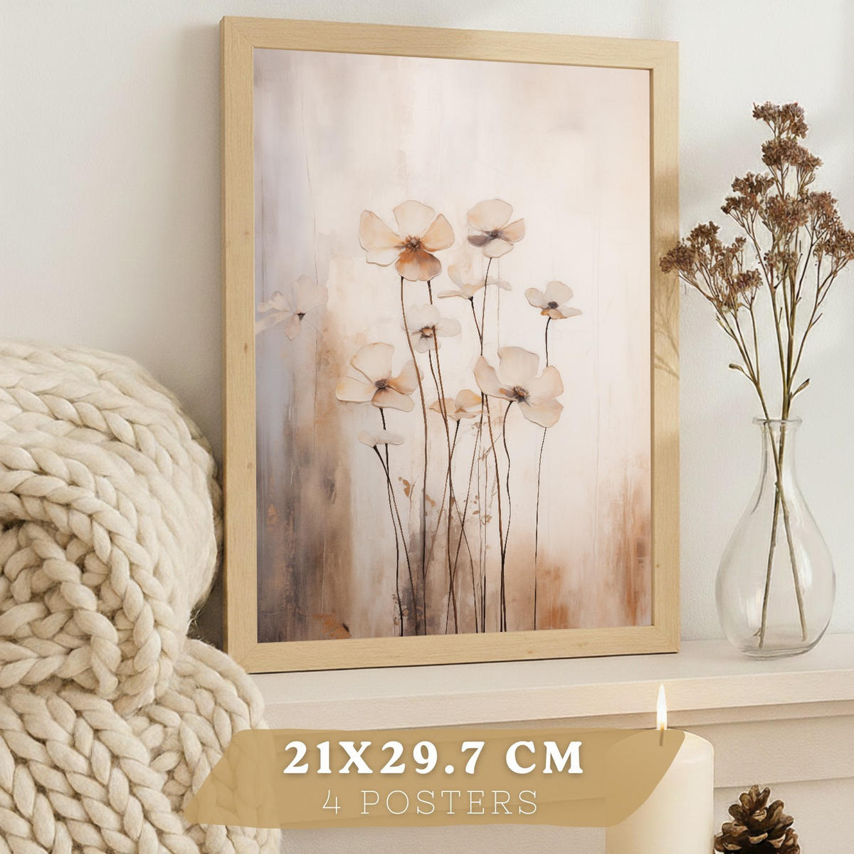 POSTER 4er-Set Wandbilder Blumen Vintage modern Wohnzimmer Deko, Schlafzimmer, Küche, Badezimmer Rahmenlos A3 - Beige, Papier (29.7/1/42cm) - Nacnic
