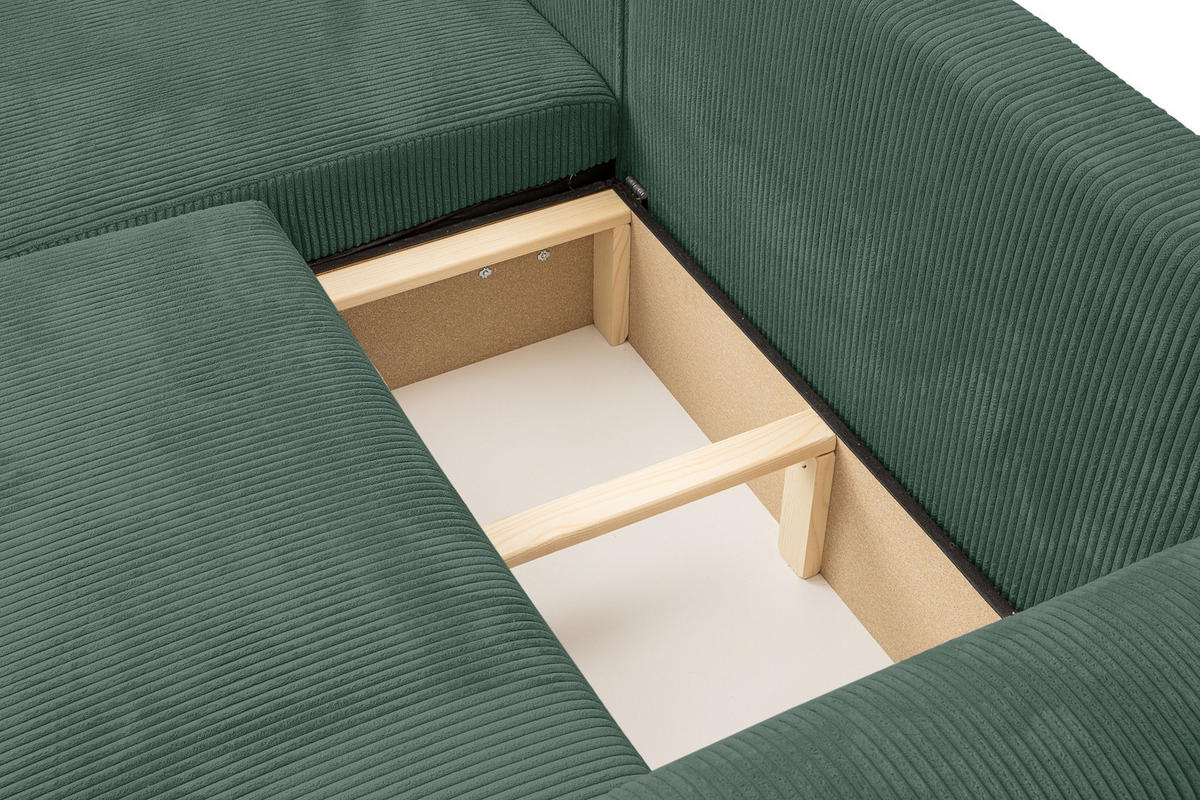 ECKSOFA Roma, Eckcouch in L-Form mit Schlaffunktion und Bettkasten, Farbe: Grün, Cordstoff, Ottomane Universal - Grün, Textil (244/142cm) - VENASI MÖBEL