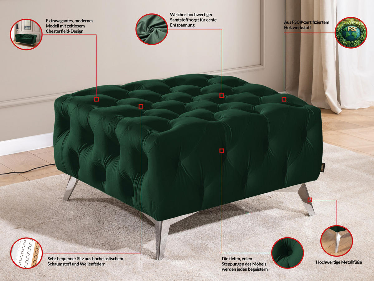 HOCKER Chesterfield Whitby Flaschengrün Samt mit silbernen Füßen - Dunkelgrün/Silberfarben, Holz/Textil (80/45/80cm) - S-Style Möbel