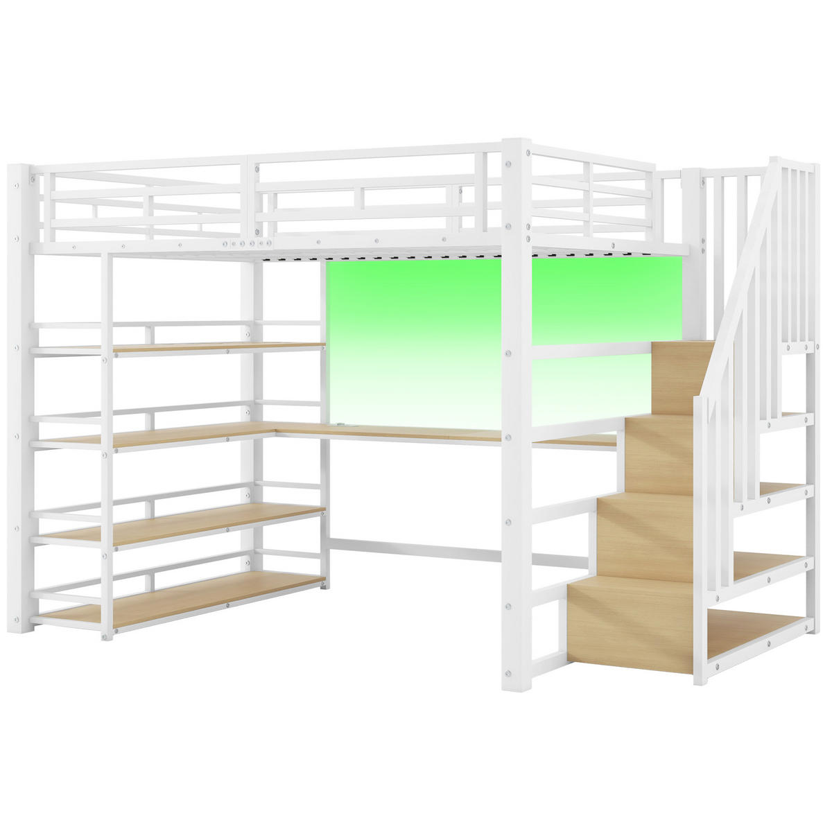 HOCHBETT 140/200 cm aus Metall mit Schreibtisch, Stauraumtreppe, Regal, LED und USB-Ladestation, Weiß - Weiß, Holzwerkstoff (140/200cm) - Redom