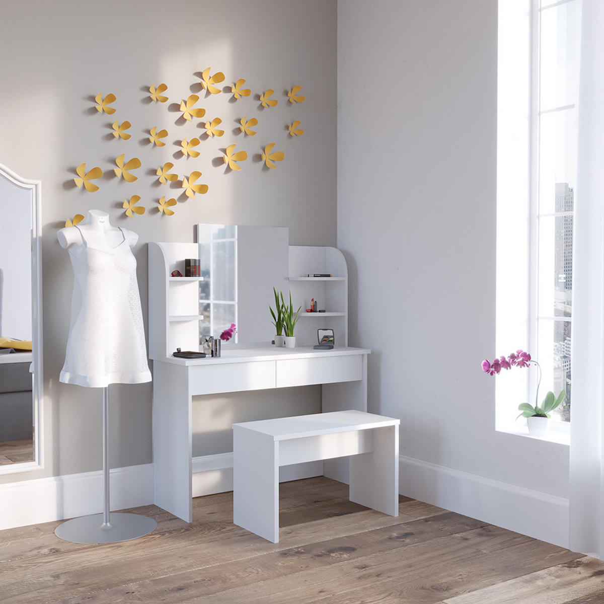 SCHMINKTISCH Charlotte Weiß 108 cm mit Bank - Weiß, Holzwerkstoff (108/139/40cm) - Vicco