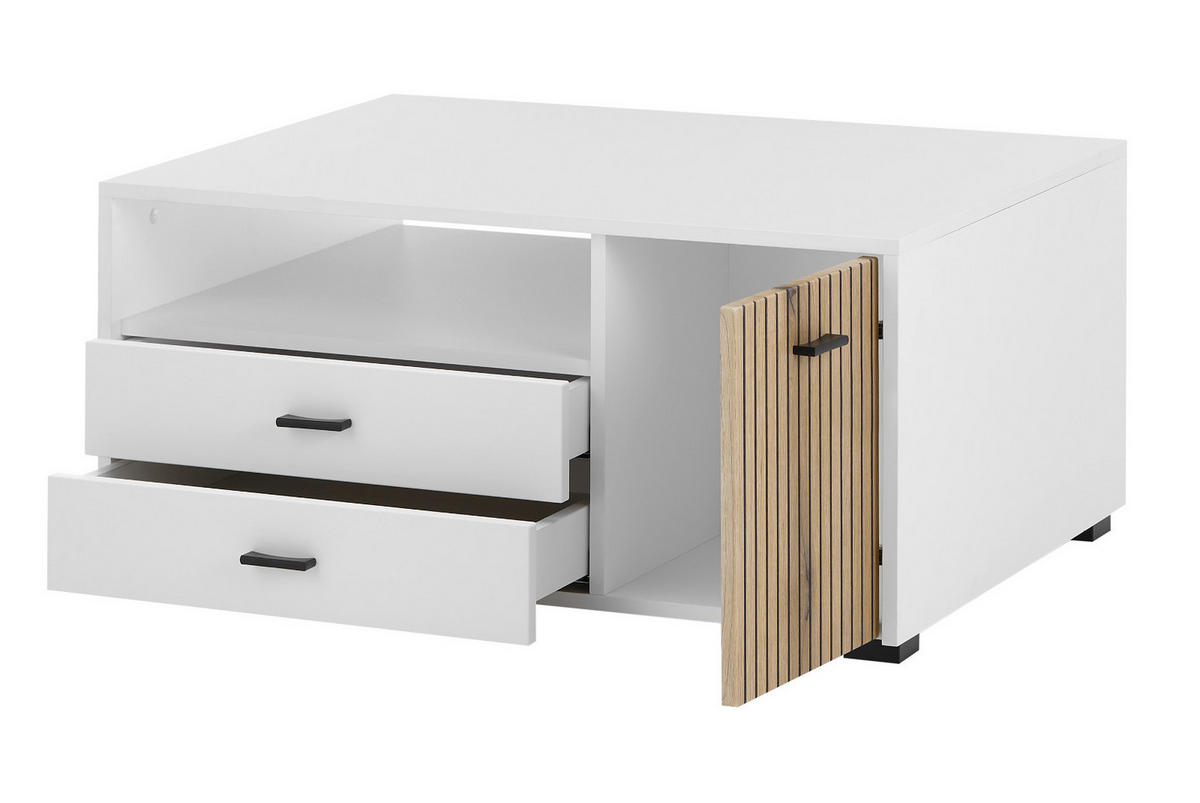 COUCHTISCH weiß matt, Eiche 90 cm, Wohnzimmertisch mit Stauraum und Soft-Close - Eichefarben/Schwarz, Holzwerkstoff/Kunststoff (90/70/43cm) - Furn.Design