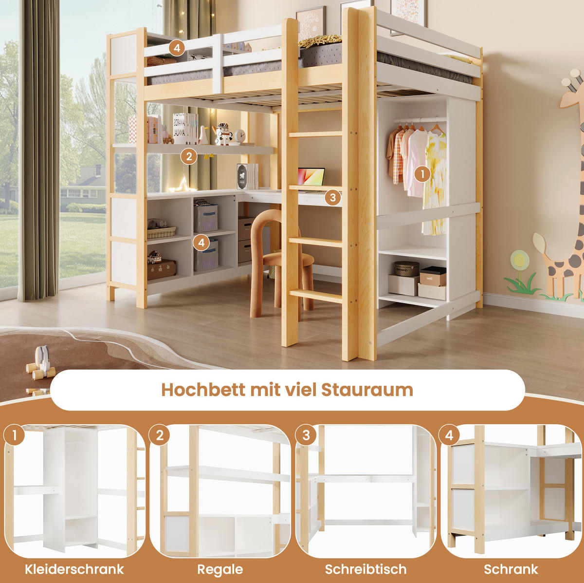 HOCHBETT 140/200 cm Natur mit Schreibtisch und Kleiderschrank ohne Matratze - Naturfarben, Holz (140/200cm) - MIVRAY