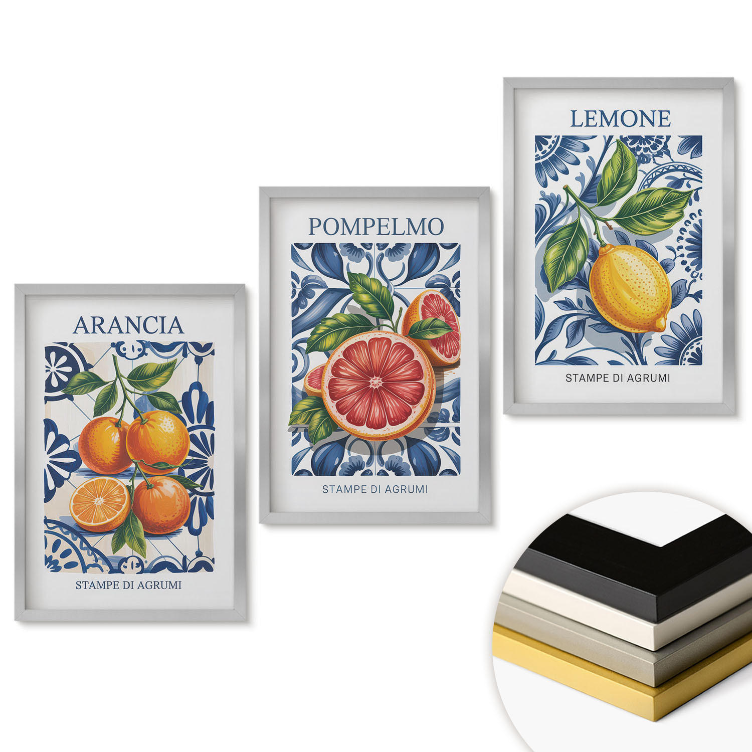 WANDBILDER 3er Set - 40x60 cm Silberner Rahmen - Italienische Zitrus-Modeplakate - Silberfarben, Kunststoff (40/60cm) - ArtPrintCave