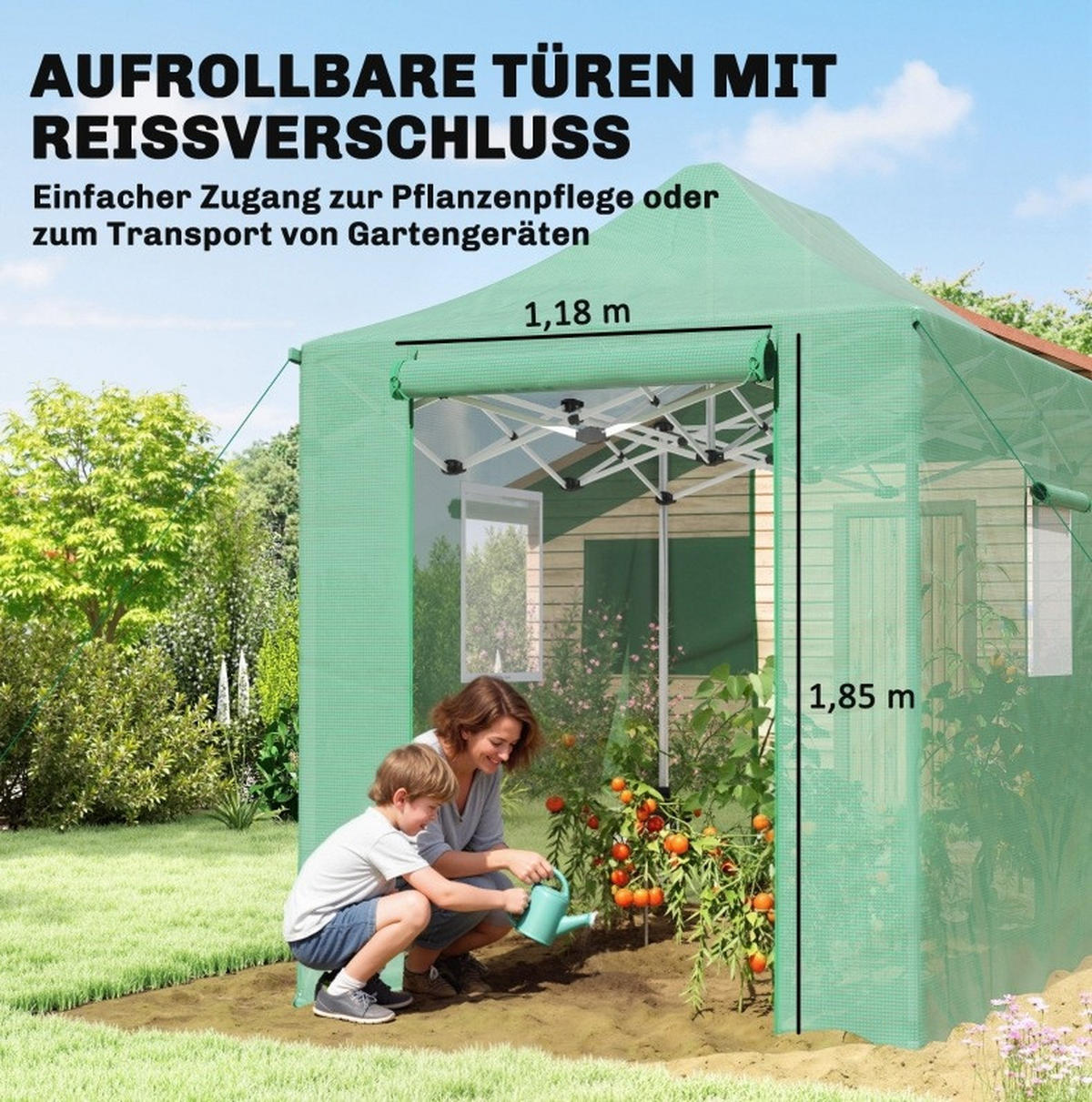 GEWÄCHSHAUS 295/200/270 cm in Grün faltbar mit PE-Abdeckung und Rolltüren - Grün, Kunststoff (200/270/295cm) - Flora Grace