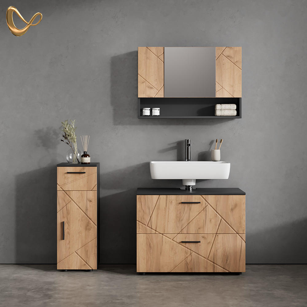 BADMÖBEL-SET Ronco Goldkraft Eiche/Anthrazit 3 Teile, mit Schubladenschrank und Midischrank - Honigeiche/Anthrazit, Holzwerkstoff (41/80/58cm) - Livinity®