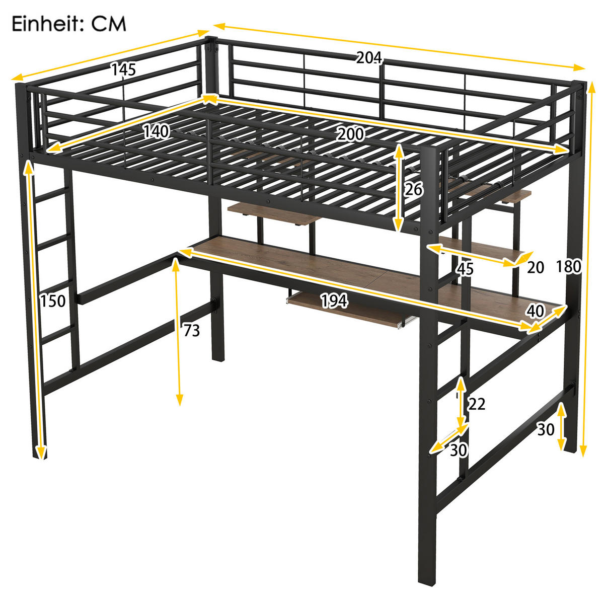 HOCHBETT 140/200 cm mit Schreibtisch, 2 Regalen und Tastaturablage, platzsparendes Metallgestell, Schwarz - Schwarz, Metall (140/200cm) - Redom