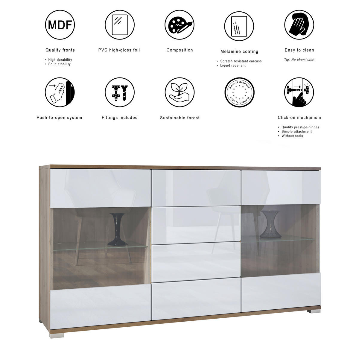SIDEBOARD Bari Sandgrau Hochglanz - Sandfarben, Holzwerkstoff (138.5/75.5/35cm) - Vladon