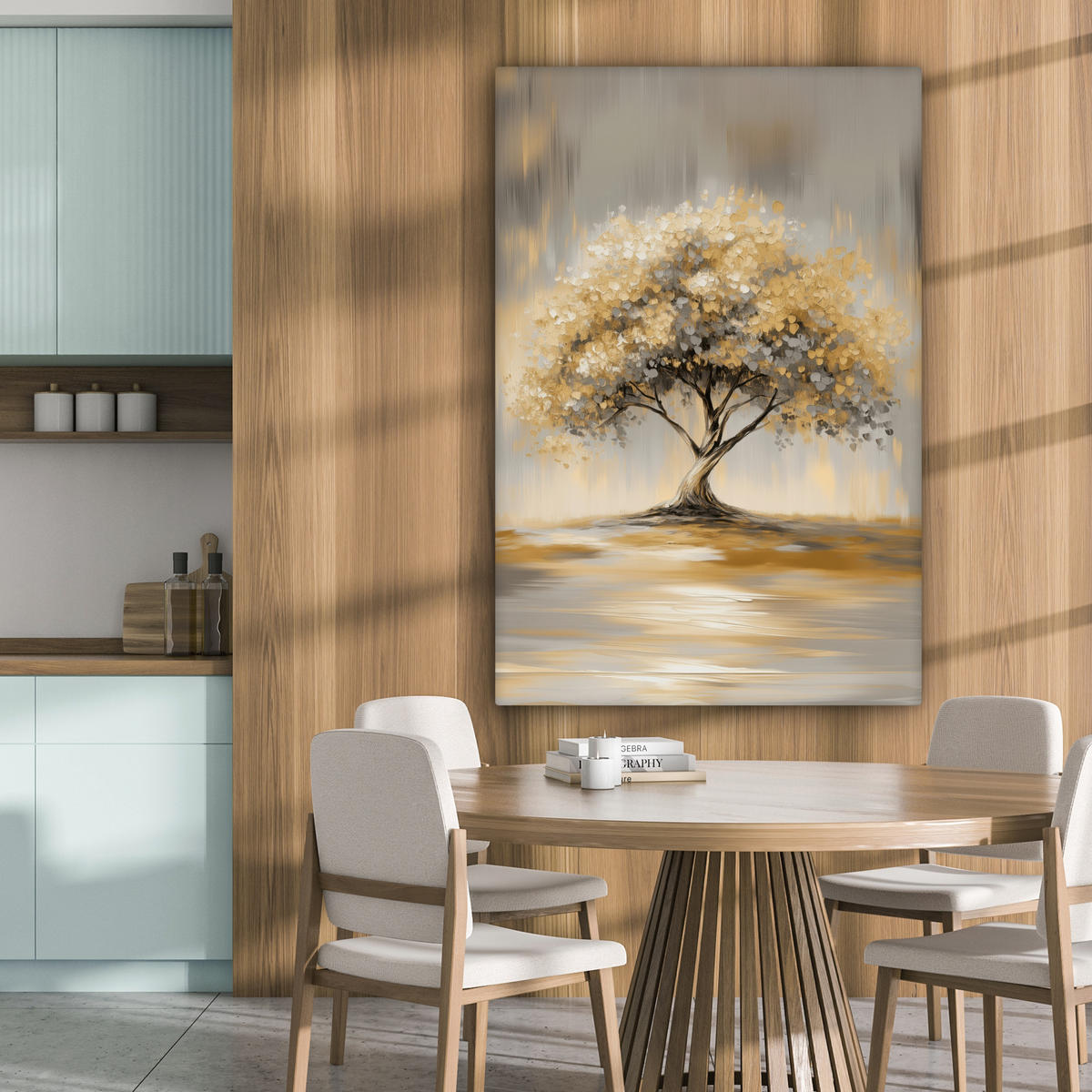 LEINWANDBILD Gemälde - Baum - Abstrakt - Blätter Deko Groß 90x140 cm - Beige, Textil (90/140cm) - MuchoWow
