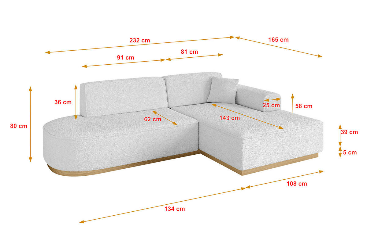 ECKSOFA Ottomane Rechts IREA-L1-v2 - 232x165x80 cm Weiß - Weiß, Holzwerkstoff/Textil (232/165cm) - ALTDECOR