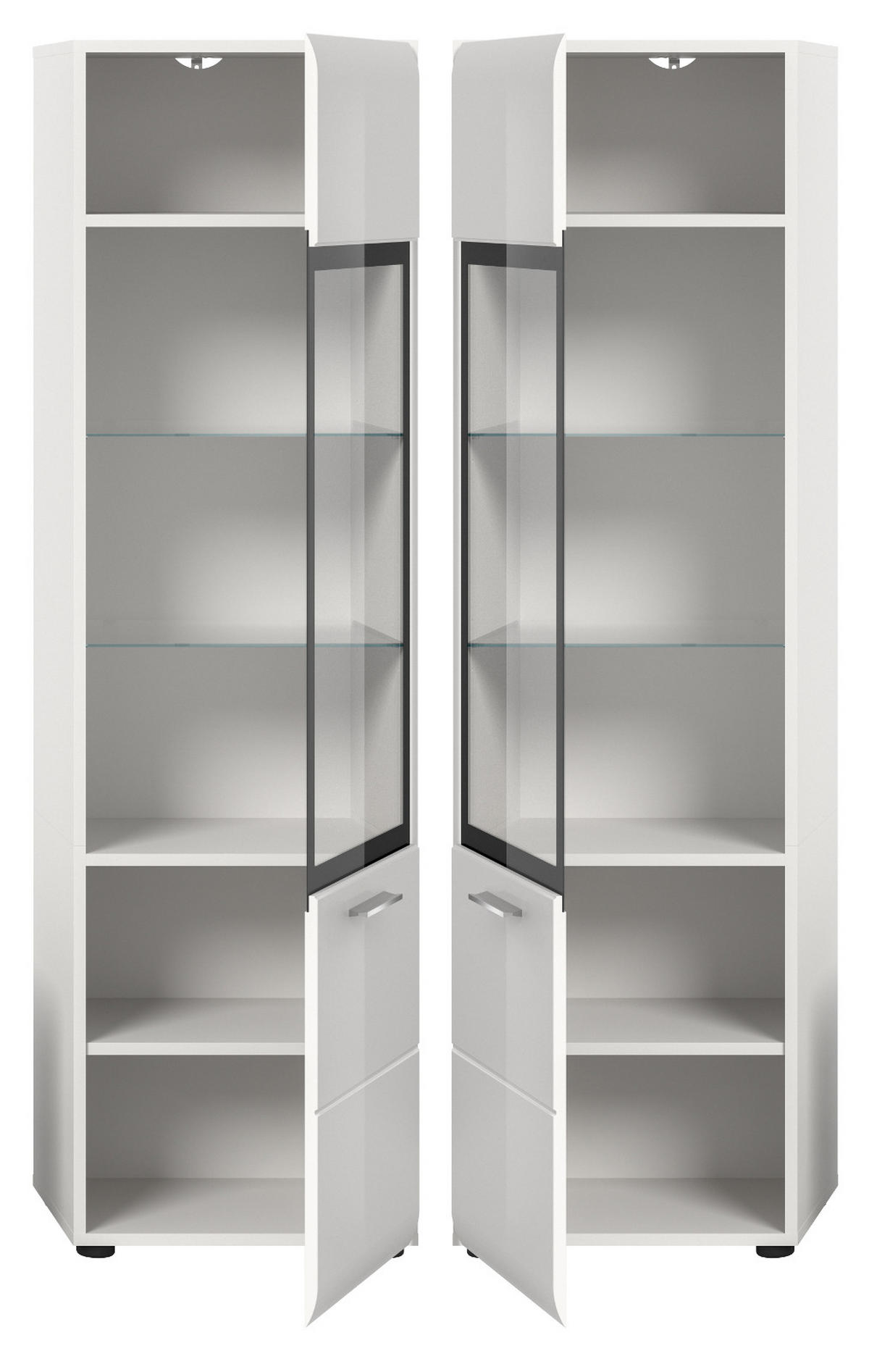 VITRINE weiß Hochglanz 45 x 160 cm, Vitrinenschrank mit 6 Fächern - Weiß Hochglanz/Silberfarben, Glas/Holzwerkstoff (45/160/34cm) - Inn.Furn