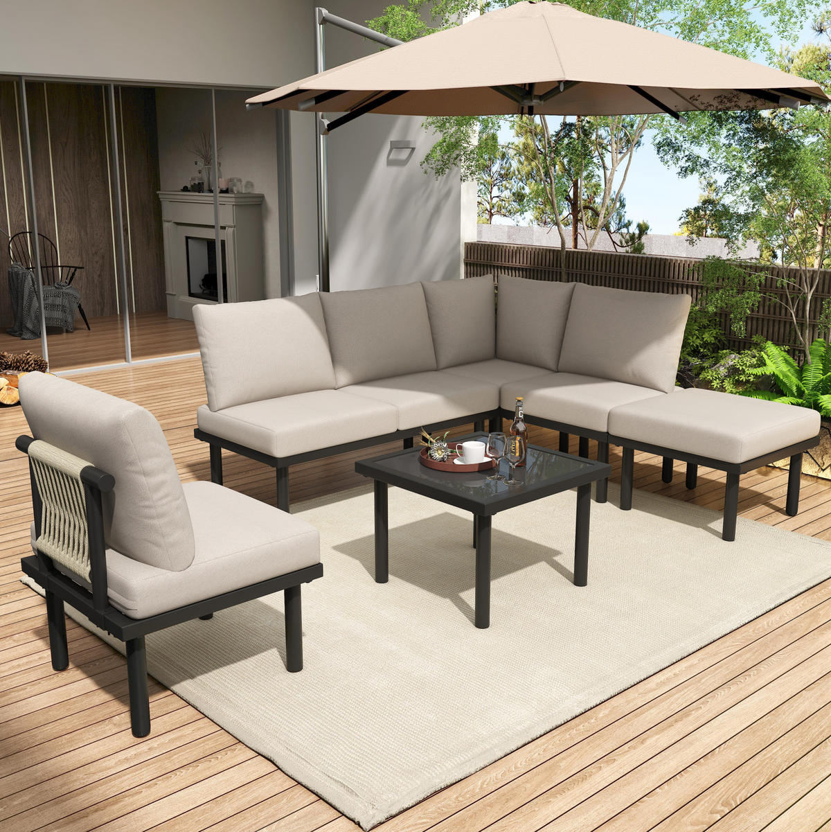 GARTEN-LOUNGESESSEL-SET 6-teilig aus Olefin und verzinktem Stahl mit Glastischplatte und verstellbaren Füßen, Beige - Beige, Metall - Redom