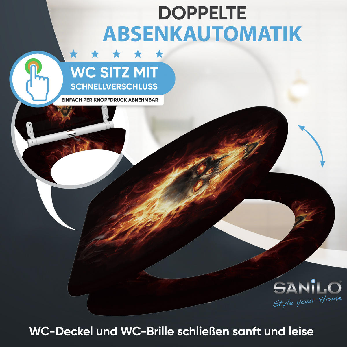 WC-SITZ mit Absenkautomatik & Top Fix Totenkopf - Schwarz, Holzwerkstoff (37.7/5.5/48cm) - Sanilo