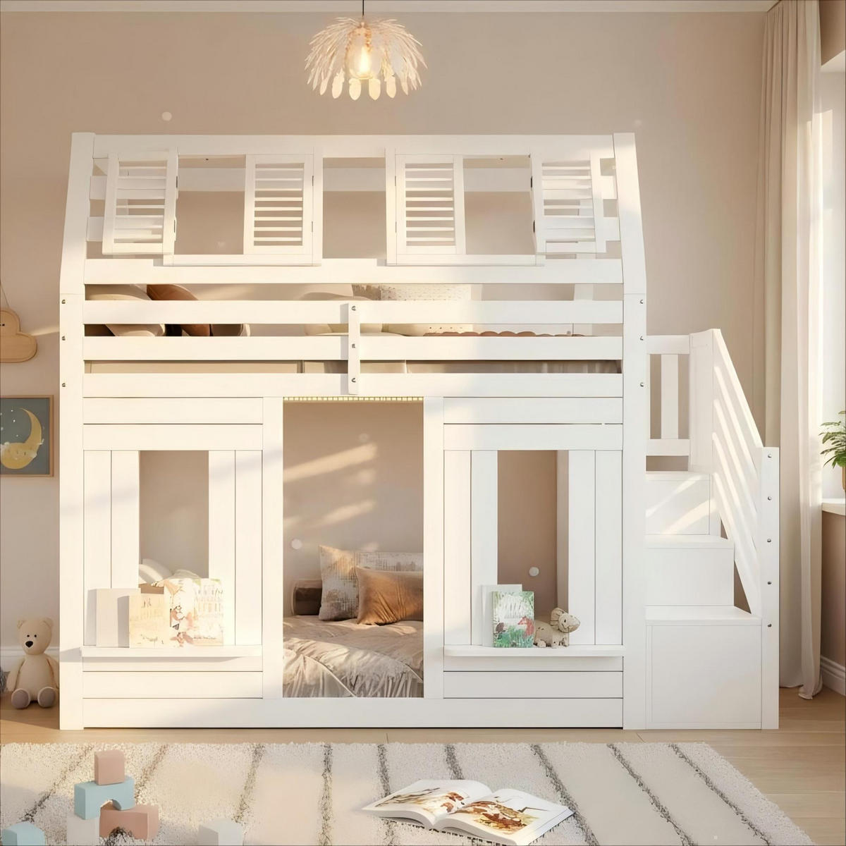 HAUSBETT 140/200 cm in weiß mit Stauraumtreppe - Weiß, Holz (90/200cm) - KOMHTOM