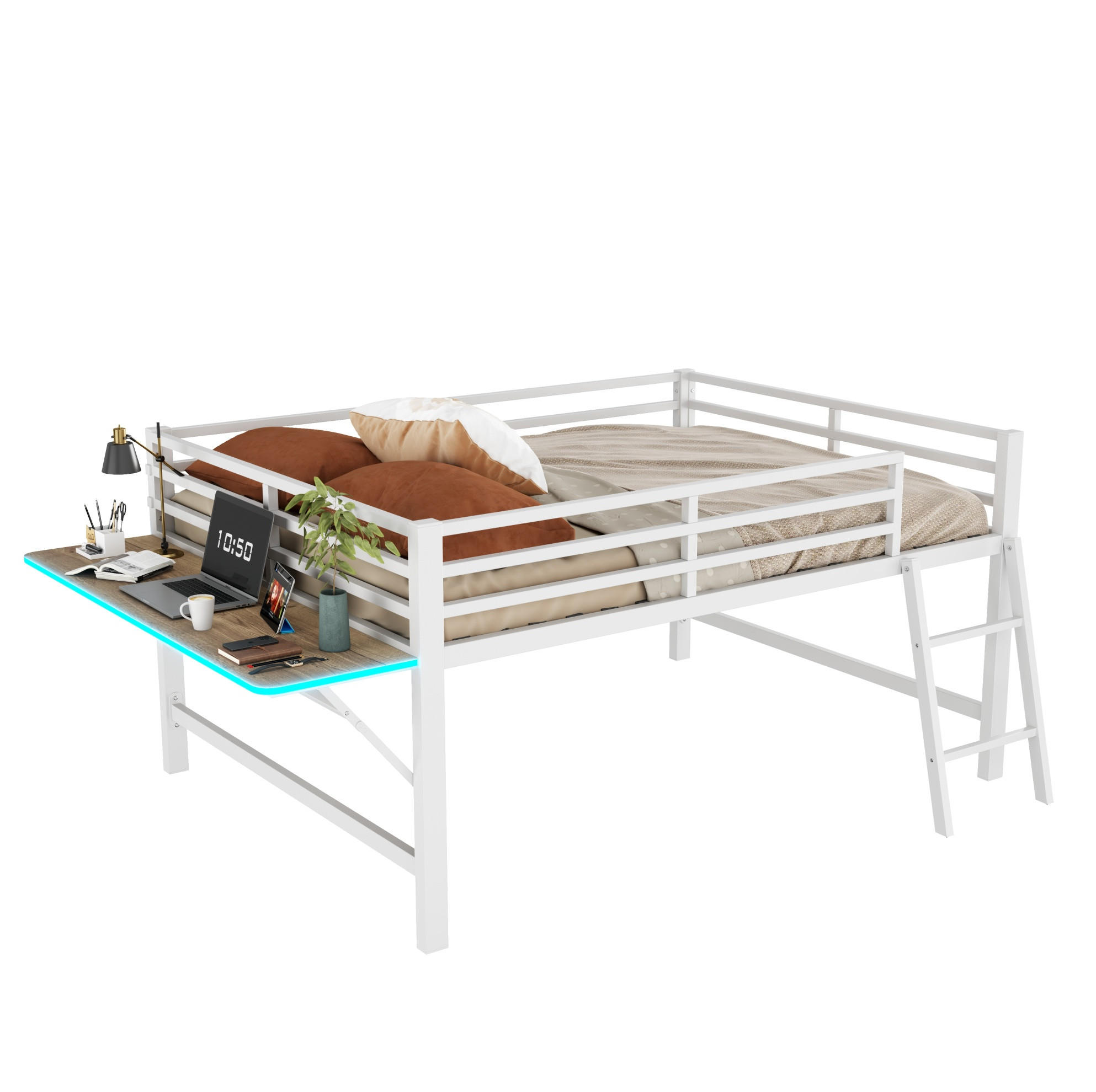HOCHBETT 140/200 cm aus Metall mit Schreibtisch und LED-Beleuchtung in Weiß - Weiß, Metall (140/200cm) - Flora Grace