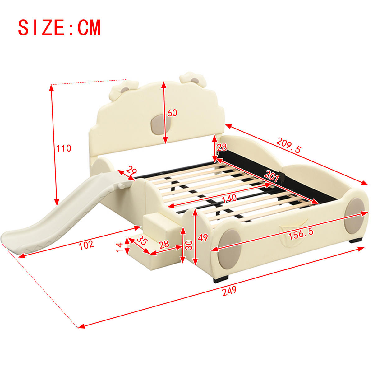 KINDERBETT 140/200 cm mit Rutsche und Leiter im Cartoon-Bärendesign aus PU, Beige - Beige, Kunststoff (140/200cm) - Redom