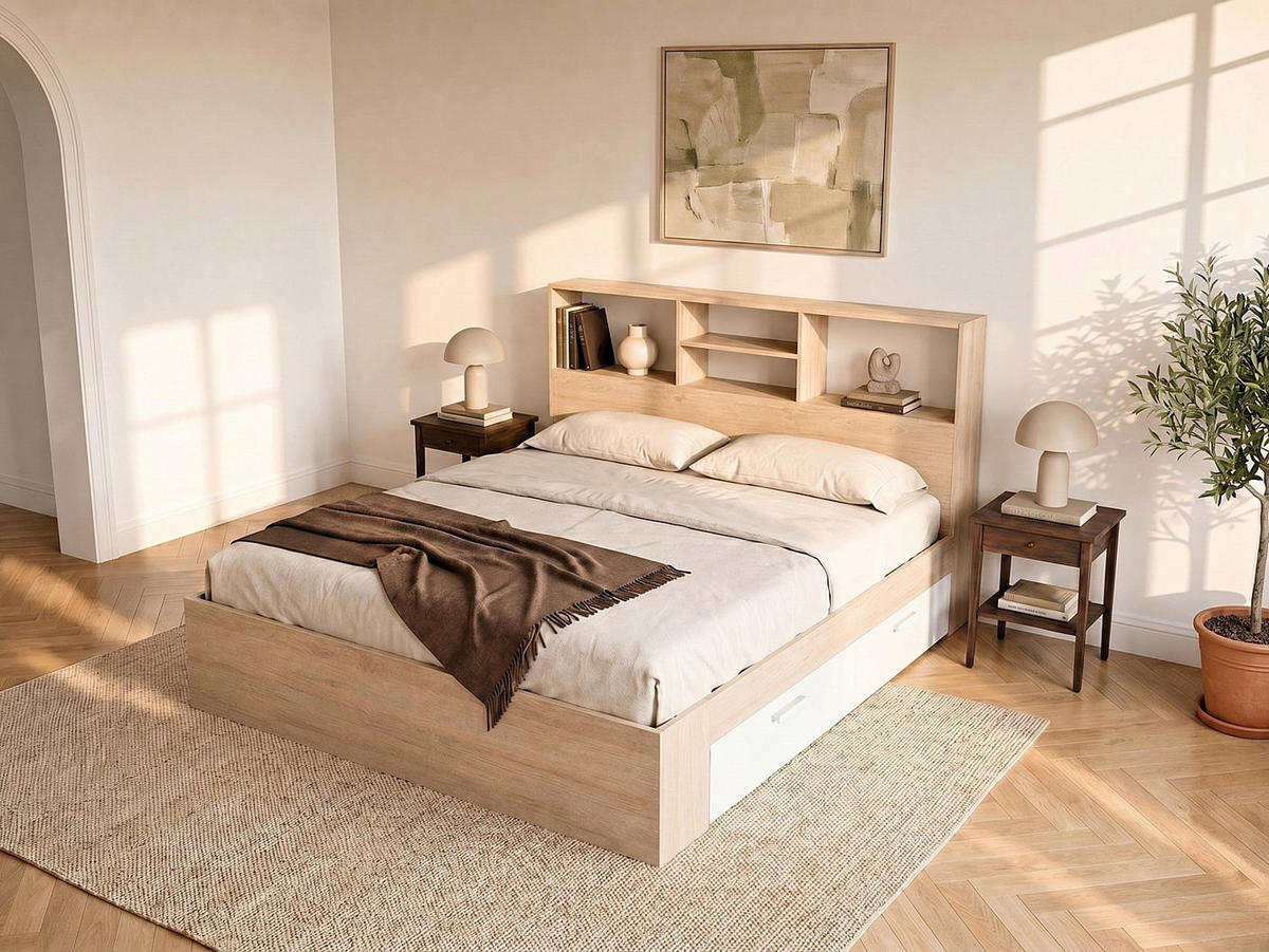 BETTRAHMEN - 2 Personen - holz - naturfarben hell, weiß Vardiel - Naturfarben/Weiß, Holz (140/190cm) - Vente-Unique