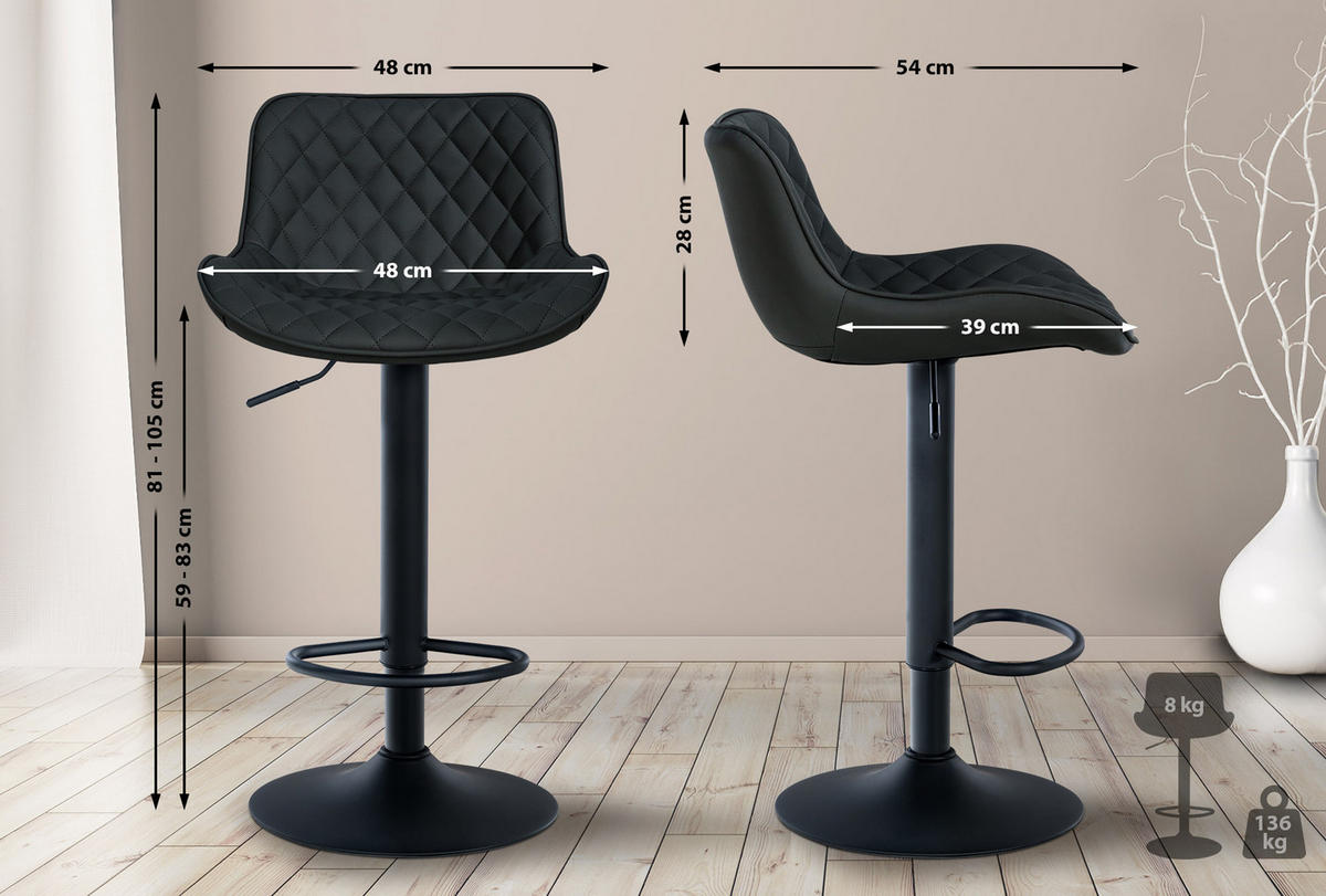 BARHOCKER 2er Set Minerva Kunstleder schwarz - Schwarz, Kunststoff/Metall (48/105/54cm) - TPFLiving