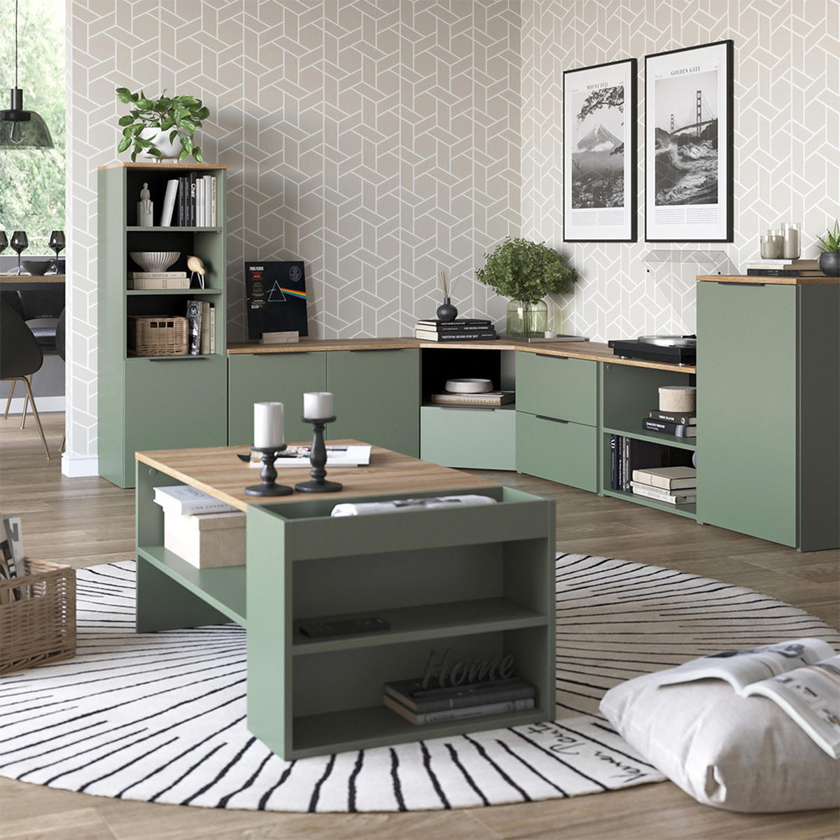 WOHNWAND Wido Grün 3 Teile - Grün/Sonoma Eiche, Holzwerkstoff (68/50/68cm) - Vicco