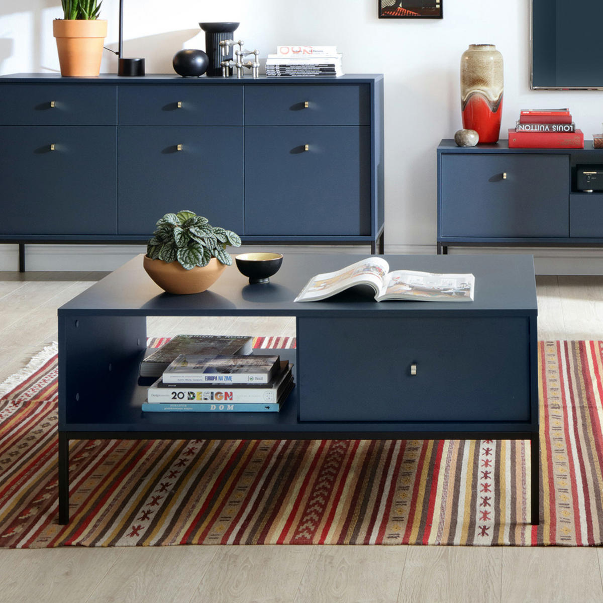 COUCHTISCH MONCTON STO1-2S Metalgriffe, Dunkelblau - Dunkelblau, Holzwerkstoff/Kunststoff (68/104/46cm) - Komodee