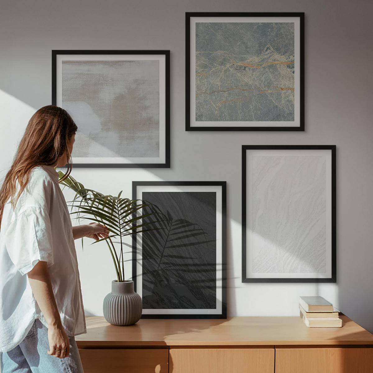 WANDBILDER 4er-Set - 50x50 cm & 40x60 cm Schwarzer Rahmen - Steintexturen - Schwarz, Kunststoff (50/50cm) - ArtPrintCave