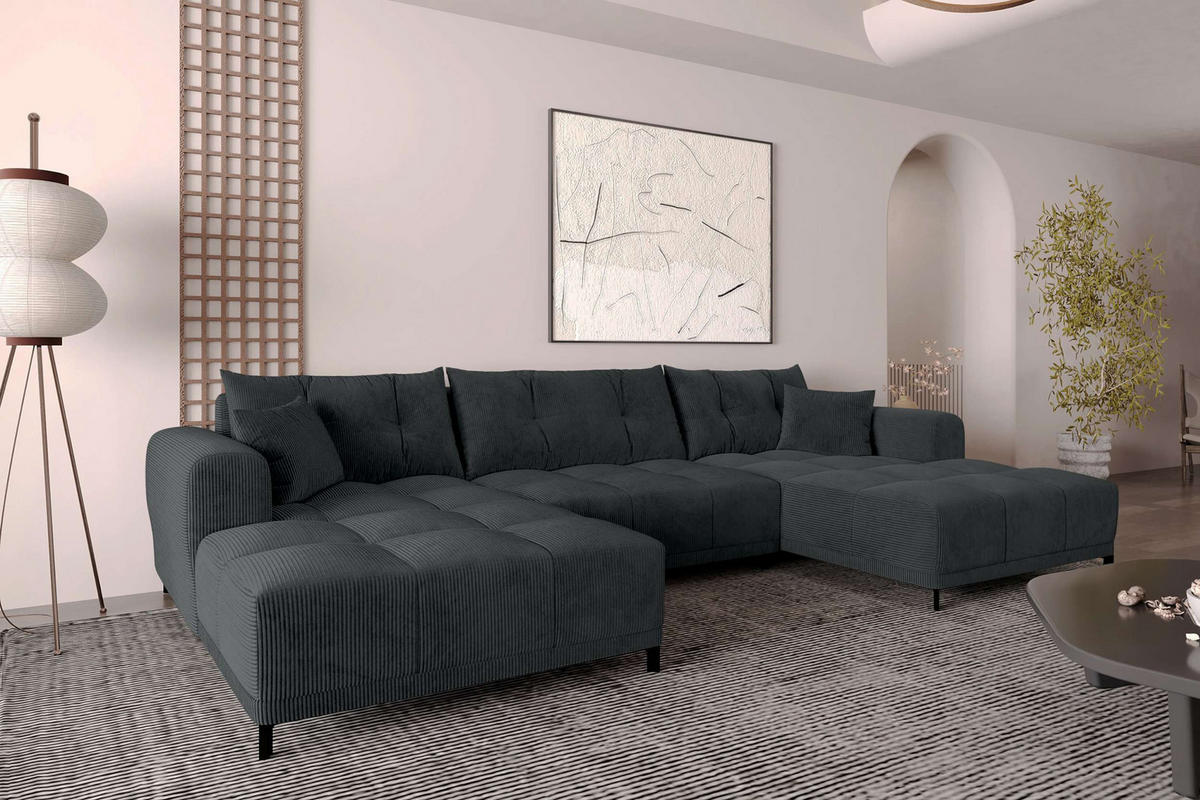 WOHNLANDSCHAFT Massimo Cordstoff Graphitfarben inkl. Schlaffunktion - Graphitfarben/Schwarz, Textil/Metall (356/94/181cm) - 99rooms