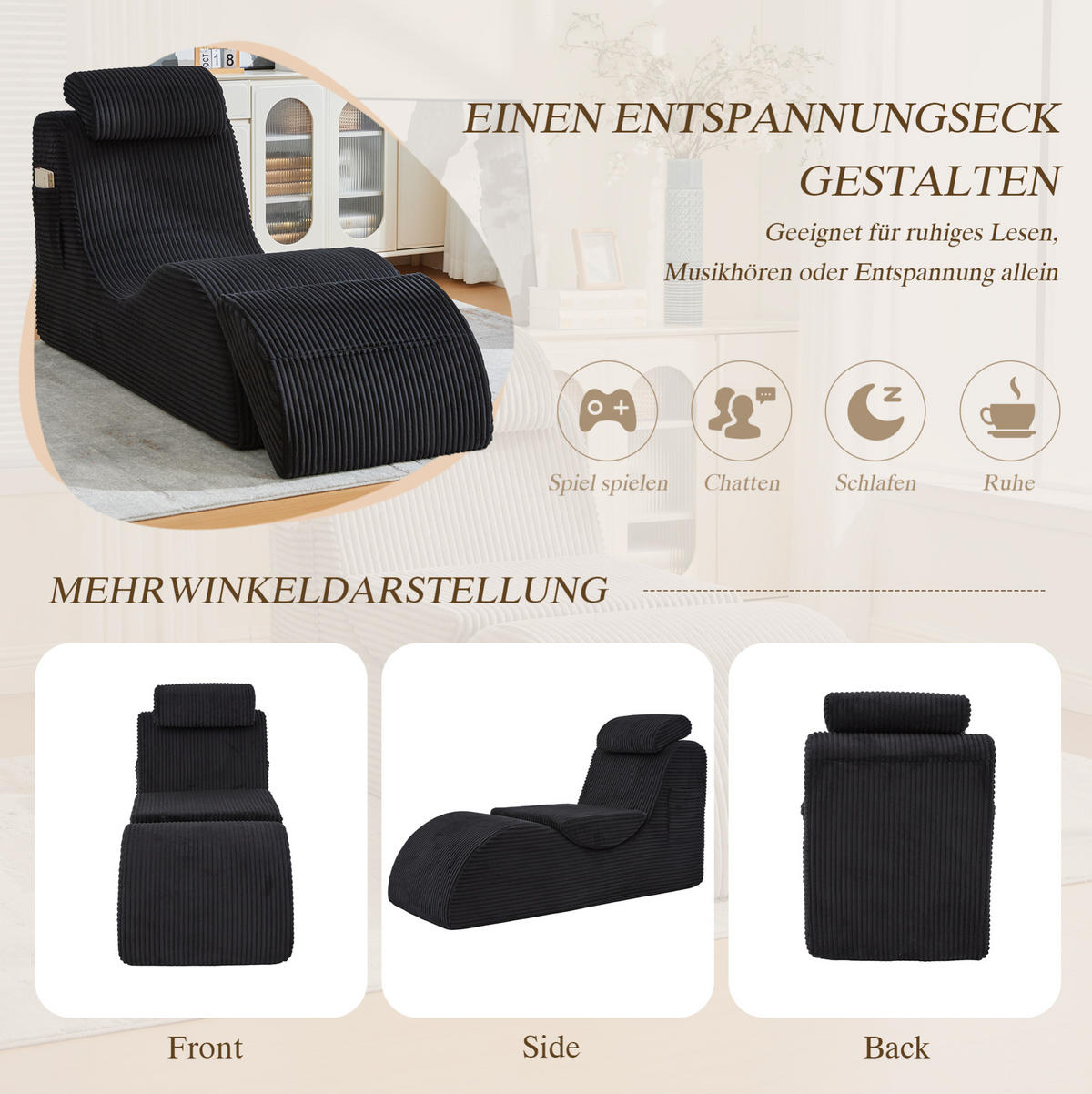 KŘESLO 160/66/90 cm černé z manšestru s boční kapsou a odnímatelným sedákem - černá, textil (66/90/160cm) - OKWISH