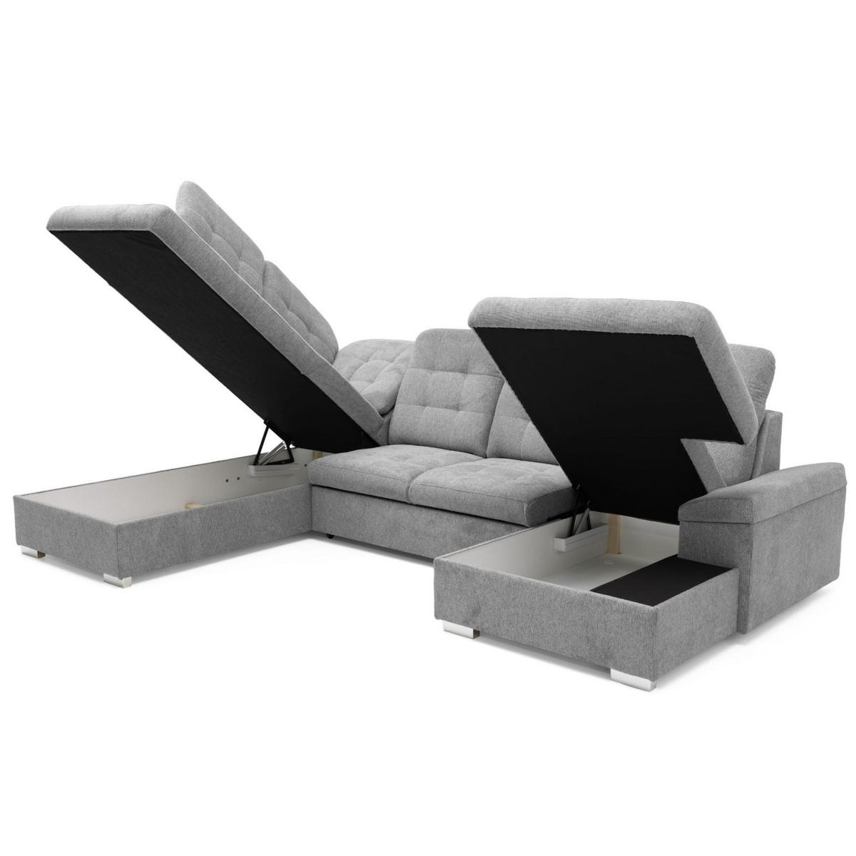 ECKSOFA U-Form OLIVIA U Links mit Schlaffunktion 124x257 Velours Hellgrau - Silberfarben/Hellgrau, Holz/Kunststoff (320/103/202cm) - Muffo